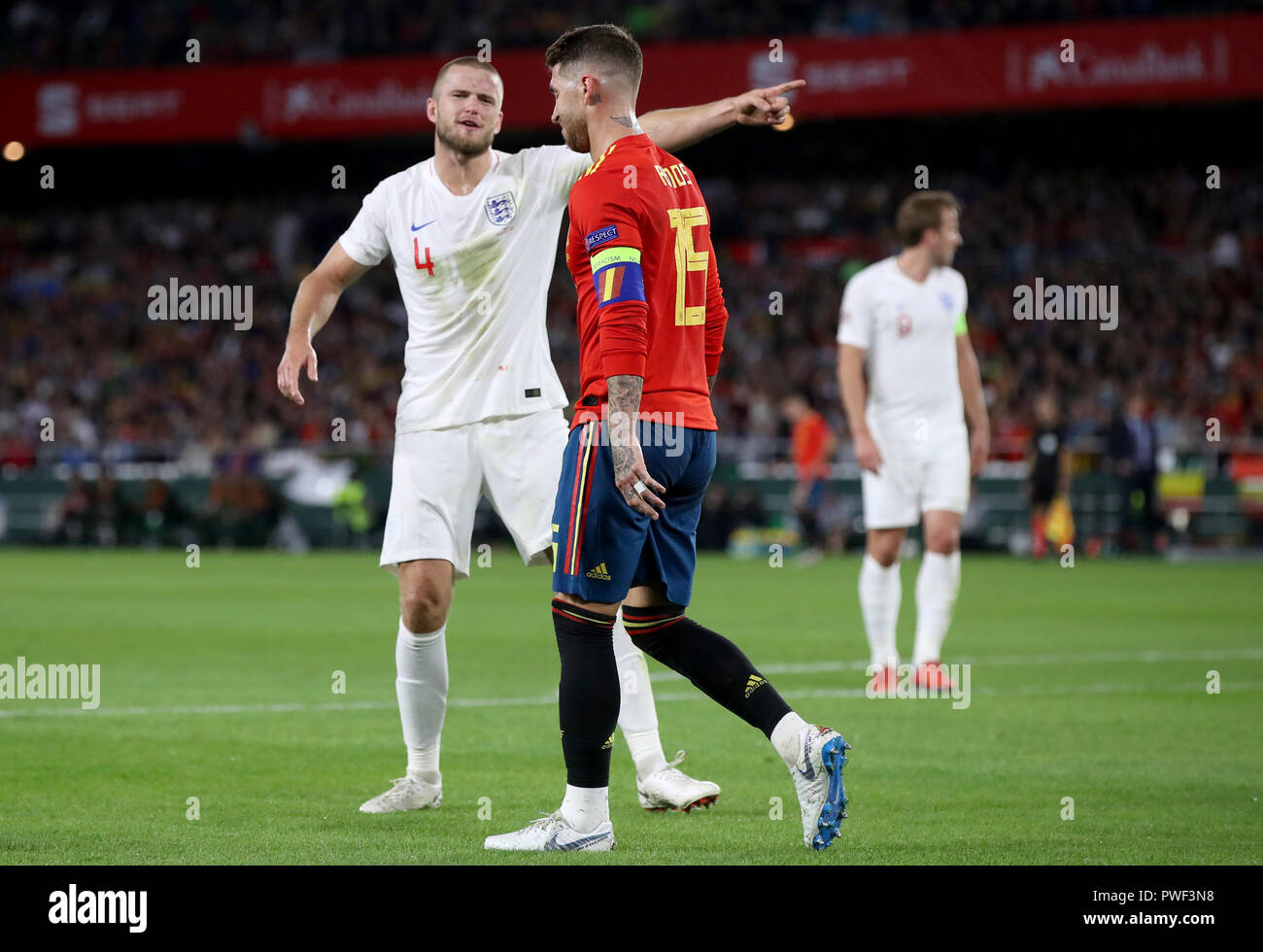 Spain's Sergio Ramos (right) and England's Eric Dier exchange words as  tempers flare during the Nations League match at Benito Villamarin Stadium,  Seville Stock Photo - Alamy