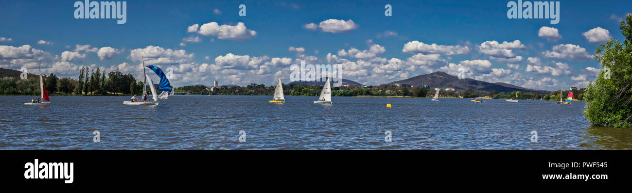 Lakeside scene in Canberra with sail boats Stock Photo