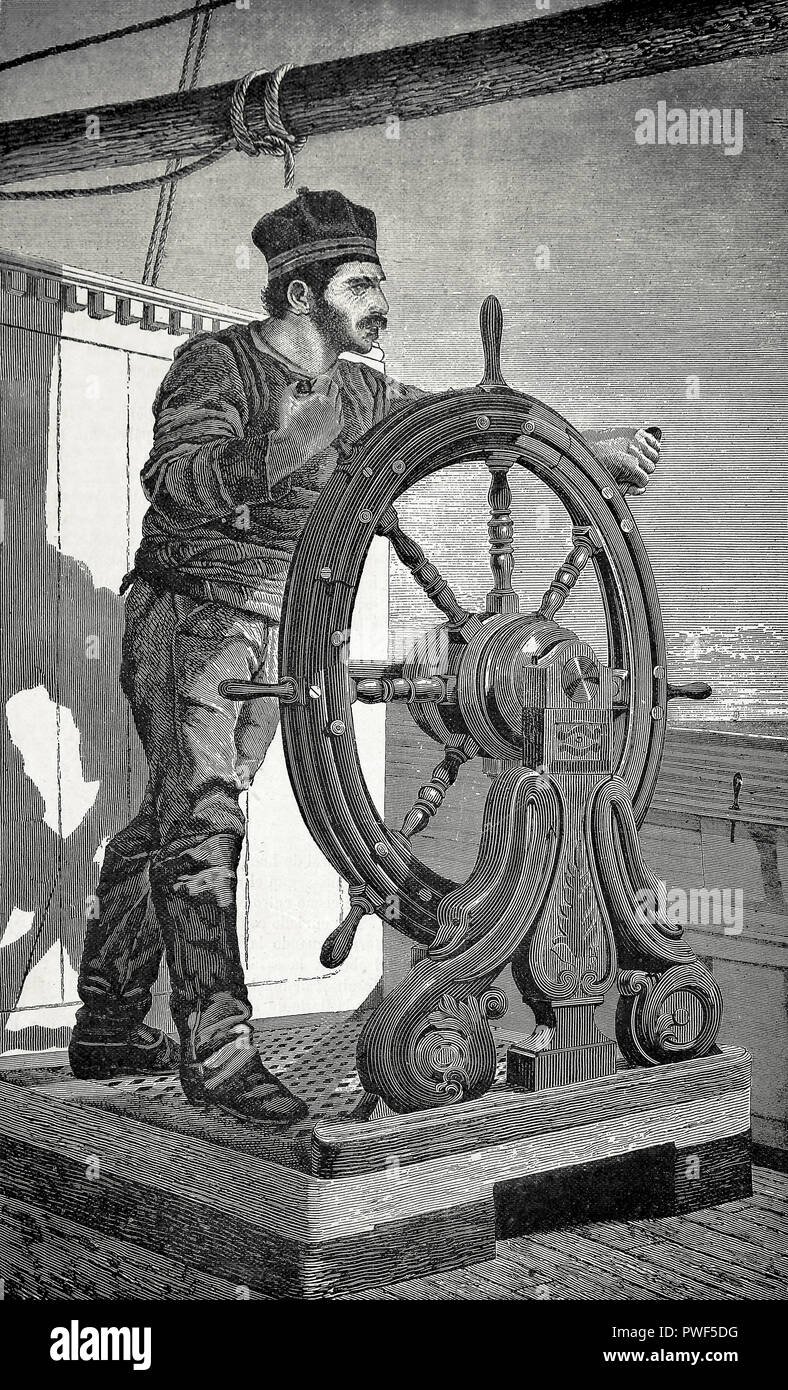 Engraving depicting a helmsman at the helm, maneuvering a ship. 19th century. Stock Photo