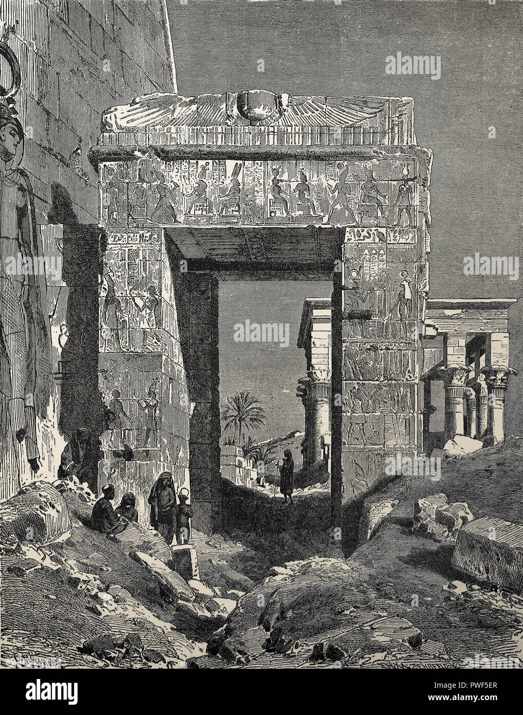 Ruins of the temple of Isis in Philae, Egypt. 19th century. Based in a watercolour by Carl Werner (1808-1894). Engraving around 1865. Stock Photo