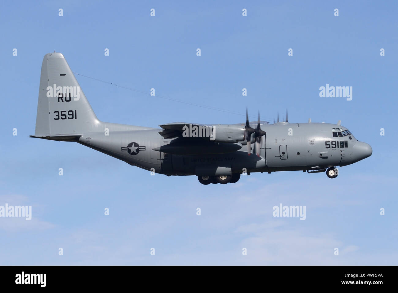 Lockheed C-130T from the VR-55, US Navy Reserve landing at RAF Mildenhall whilst supporting the USS Harry S Truman during a local exercise. Stock Photo