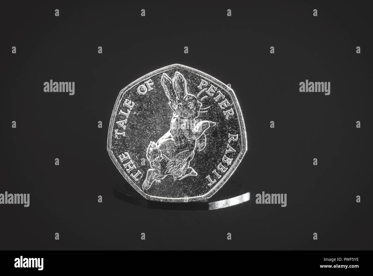 The Tale Of Peter Rabbit Special edition UK 50p (50 pence) coin from The Beatrix Potter Collection Stock Photo