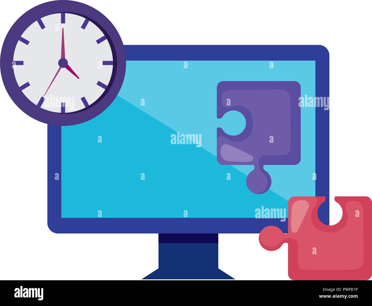 computer with time and puzzle pieces vector illustration design Stock ...