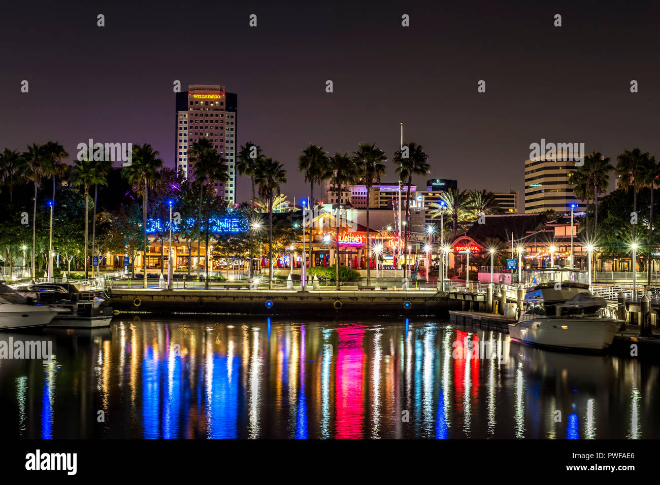 Night view of Long Beach harbor in California Stock Photo