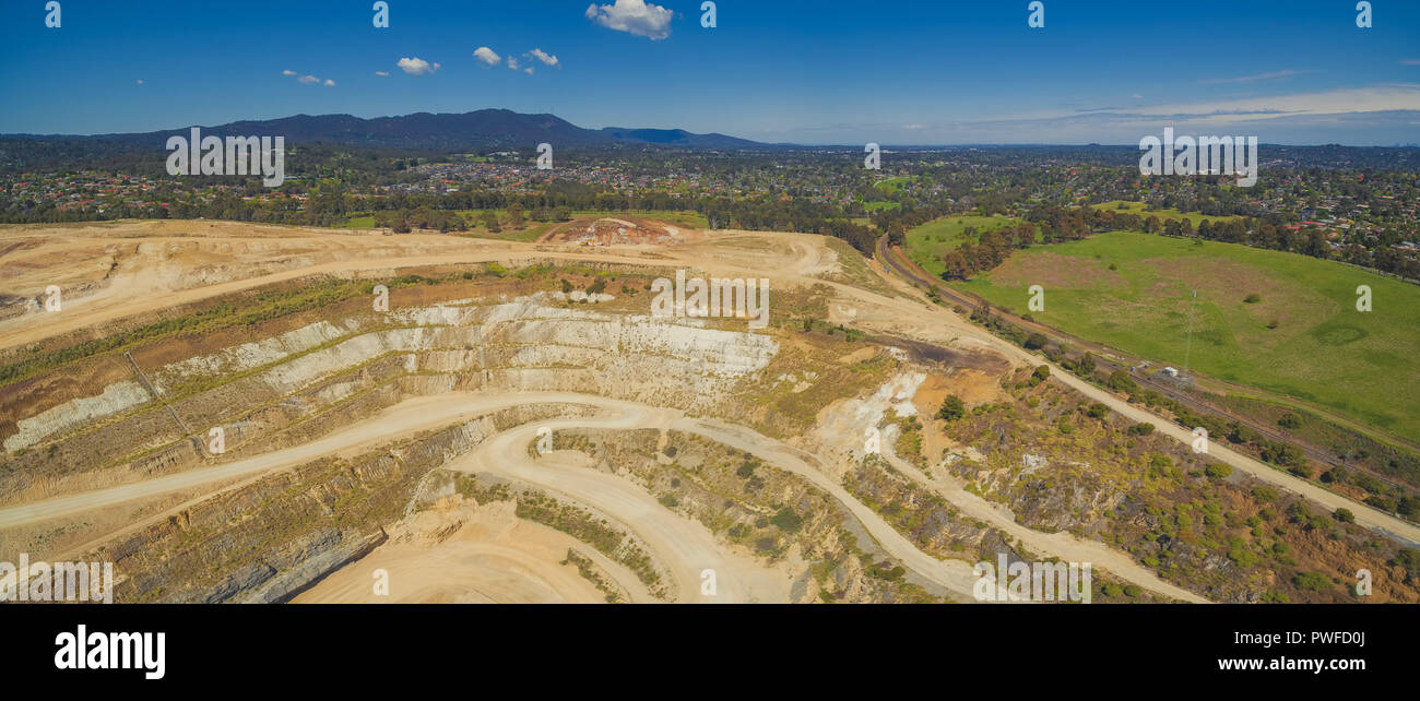 Old limestone mine pit in Melbourne, Australia aerial panoramic