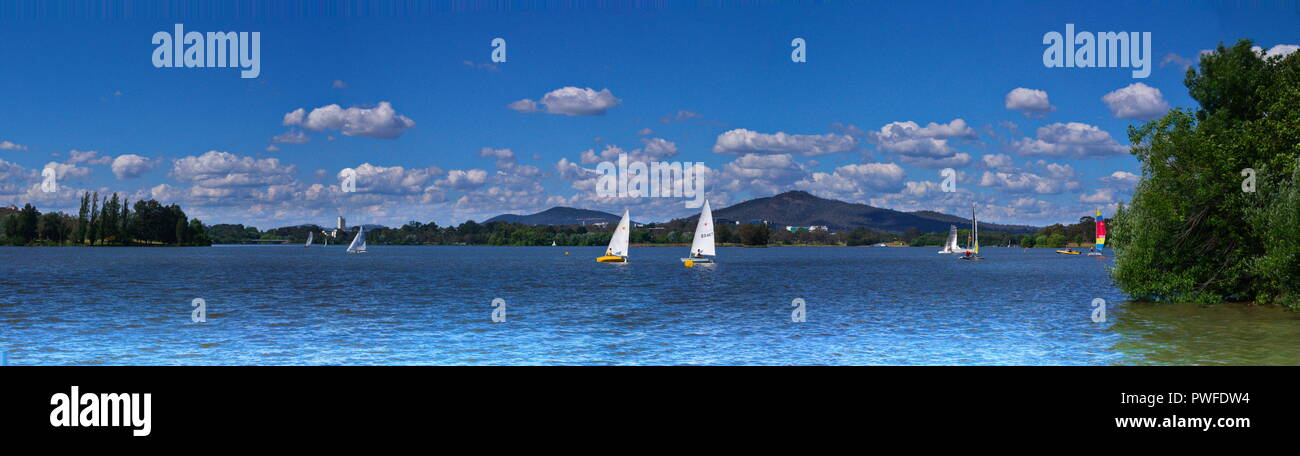 Lakeside scene in Canberra with sail boats Stock Photo
