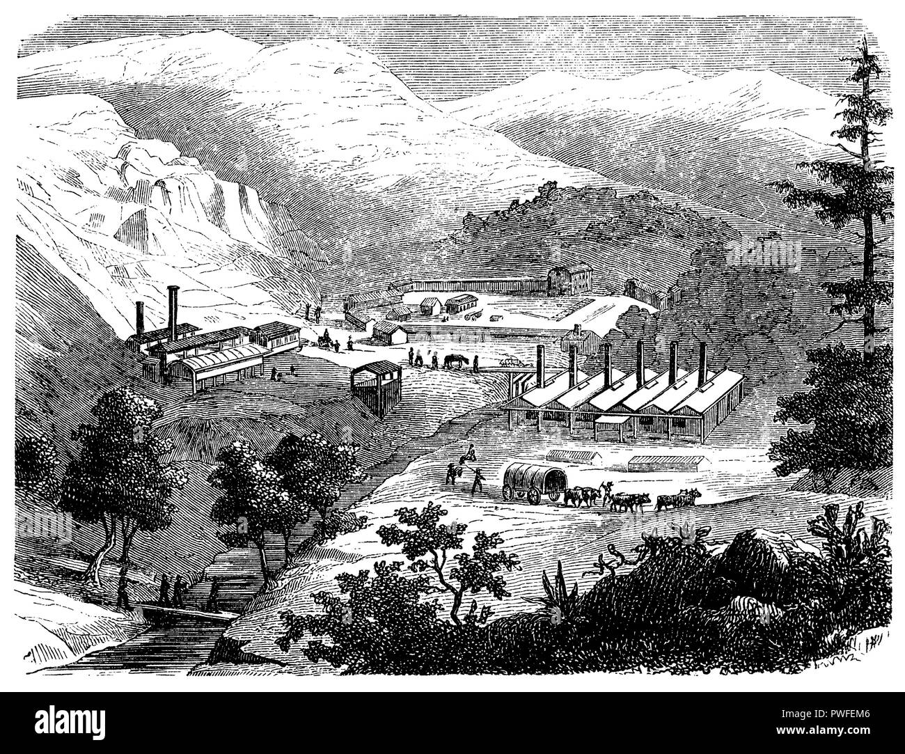 Mercury plant New Almaden in California,   1872 Stock Photo
