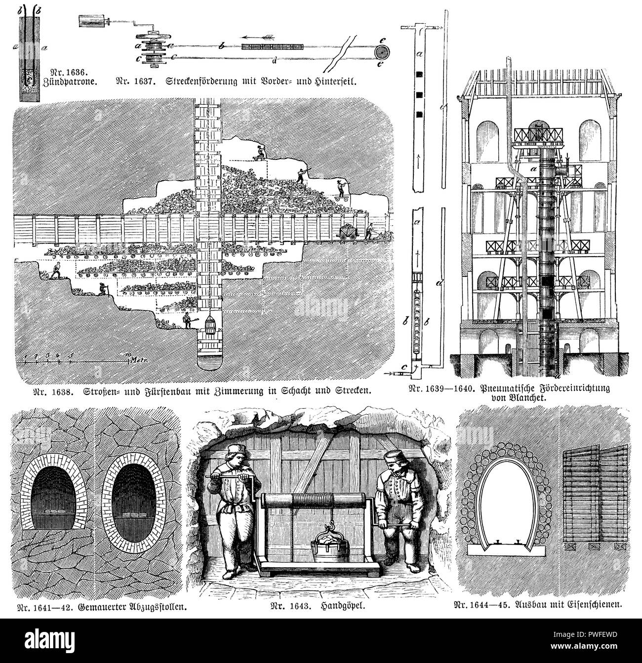 No. 1636. Ignition cartridge, No. 1637. Production of track with front cable and rear cable, No. 1638. Barge construction and princely construction with service in shaft and stretches, No. 1639-1640. Pneumatic conveyor from Blanchet, 1641-1642. Brickworks, 1643. Handgöpel, No. 1644-45. Removal with iron rails, Stock Photo