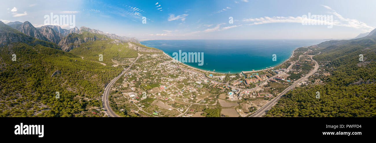 Aerial view Panorama of the sea and mountain landscape near the village of Kemer, Turkey Stock Photo