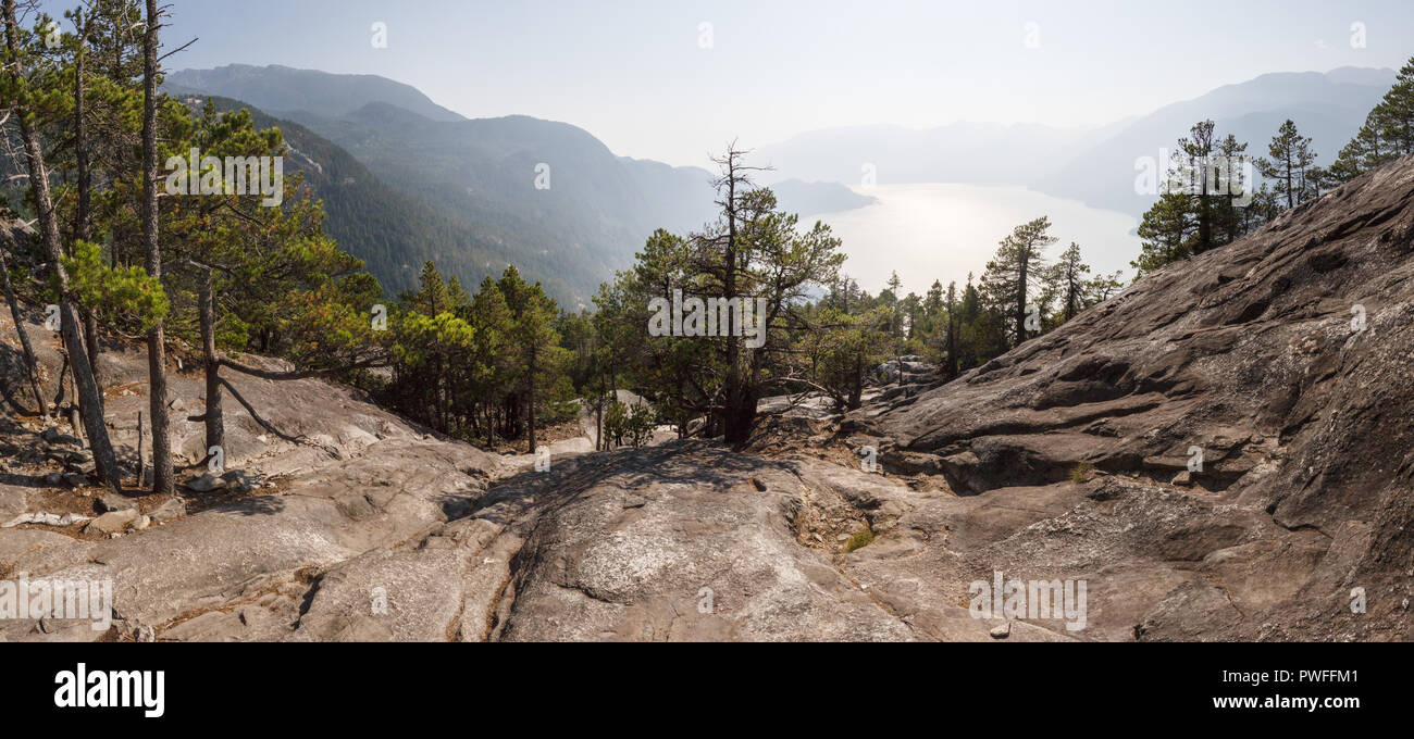View from the top of Stawamus Chief into Squamish and Howe Sound along the Sea to Sky highway, British Columbia, Canada Stock Photo