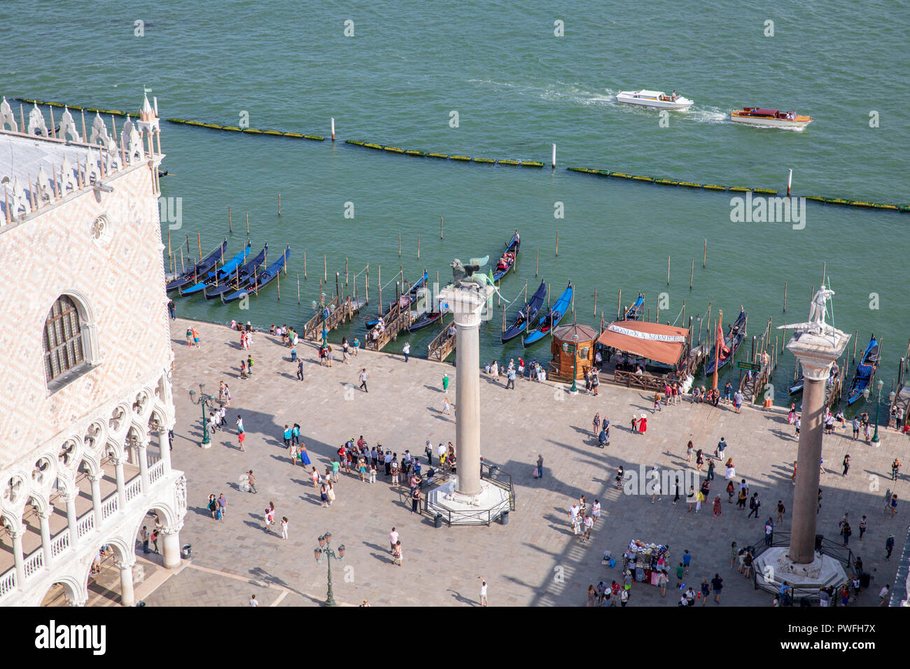 Piazzetta di San Marco with Columns of Saint Mark and Saint Theodore, as seen from the top of St. Mark's Campanile, Venice, Italy. Stock Photo