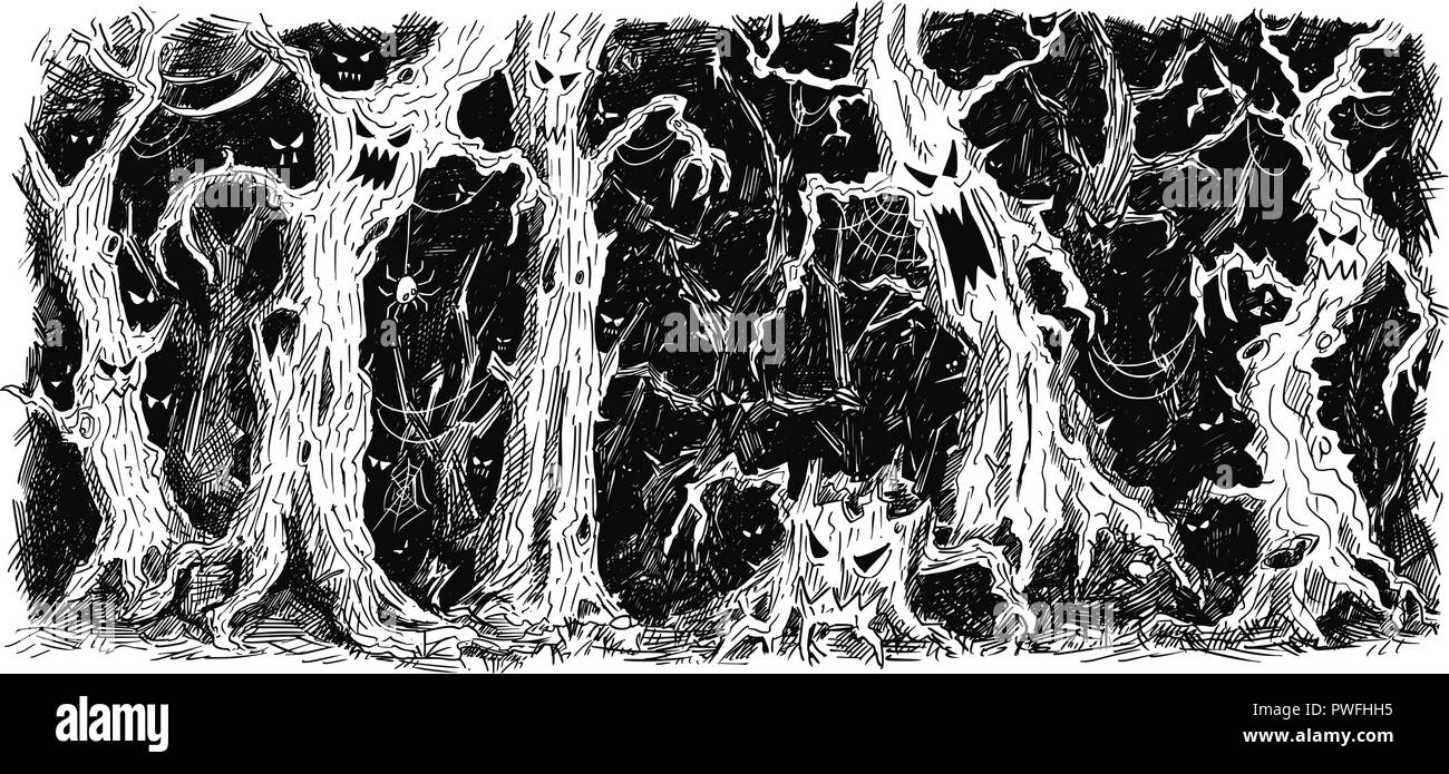 Vector Pen and Ink Hand Drawing of Dark Magic and Scary Forest Stock Vector