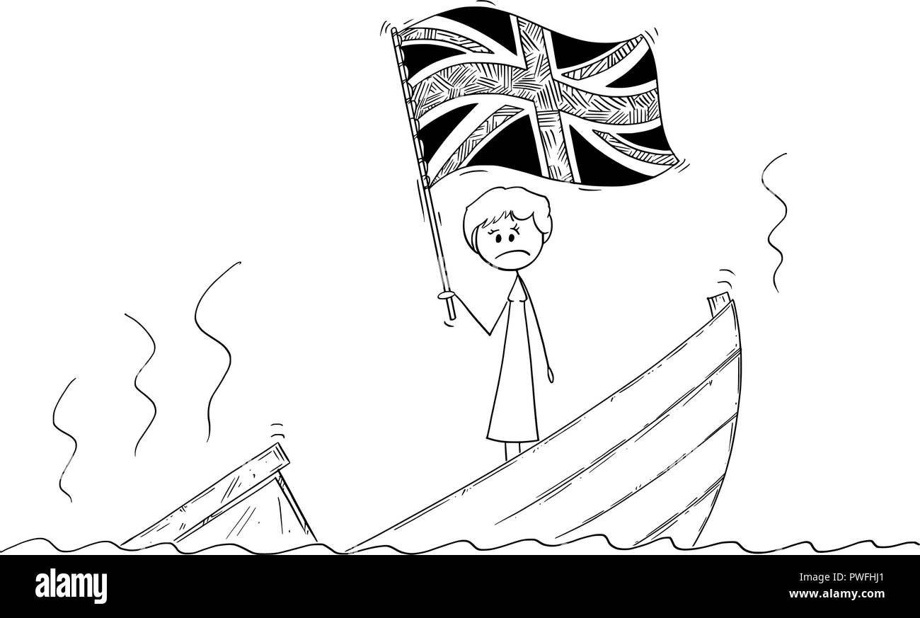 Cartoon of Female or Woman Politician Standing Depressed on Sinking Boat Waving the Flag of United Kingdom of Britain Stock Vector