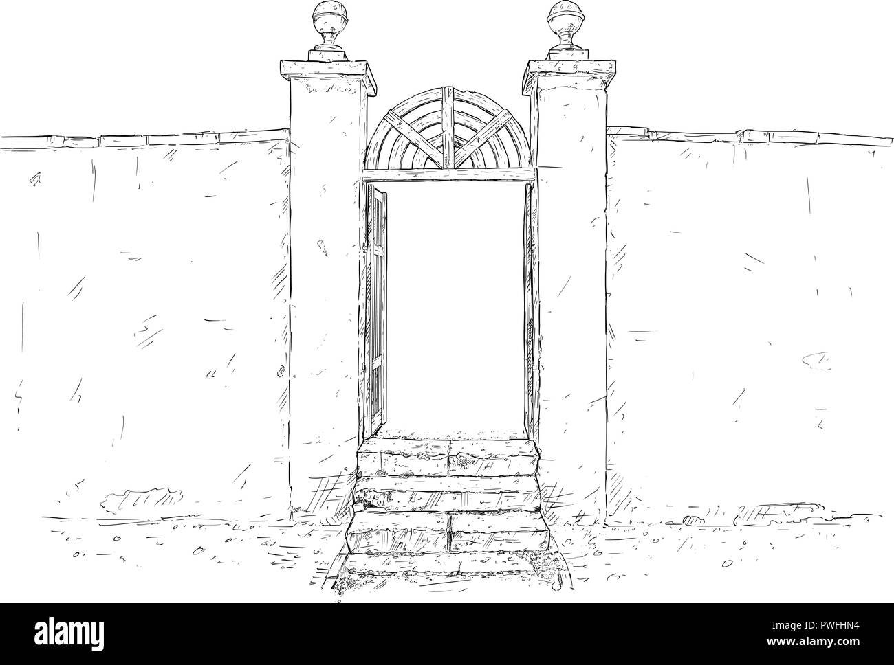 Vector Artistic Drawing Illustration of Decorated Garden Gate With Wall Stock Vector