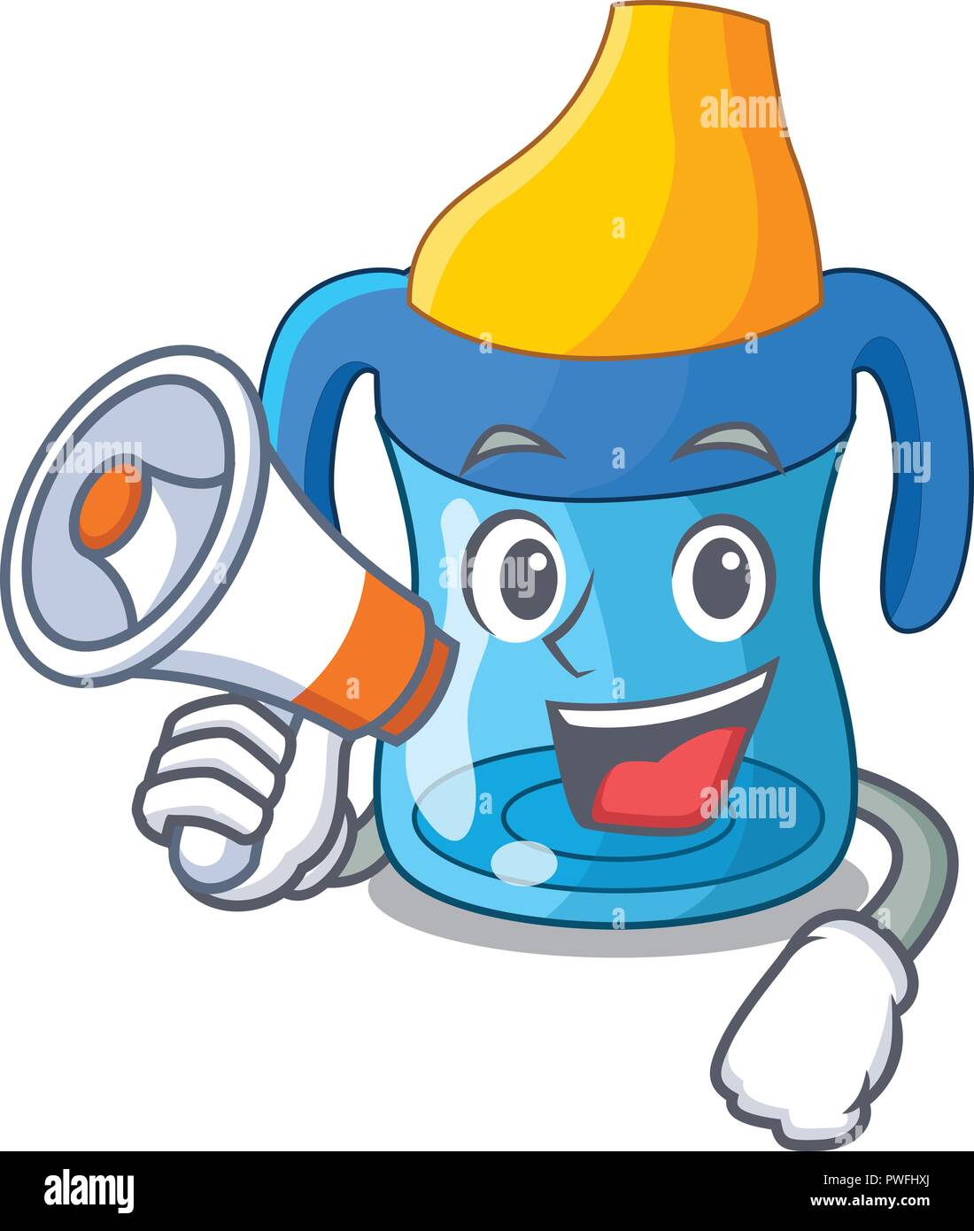 With megaphone character baby training cup with handles Stock Vector