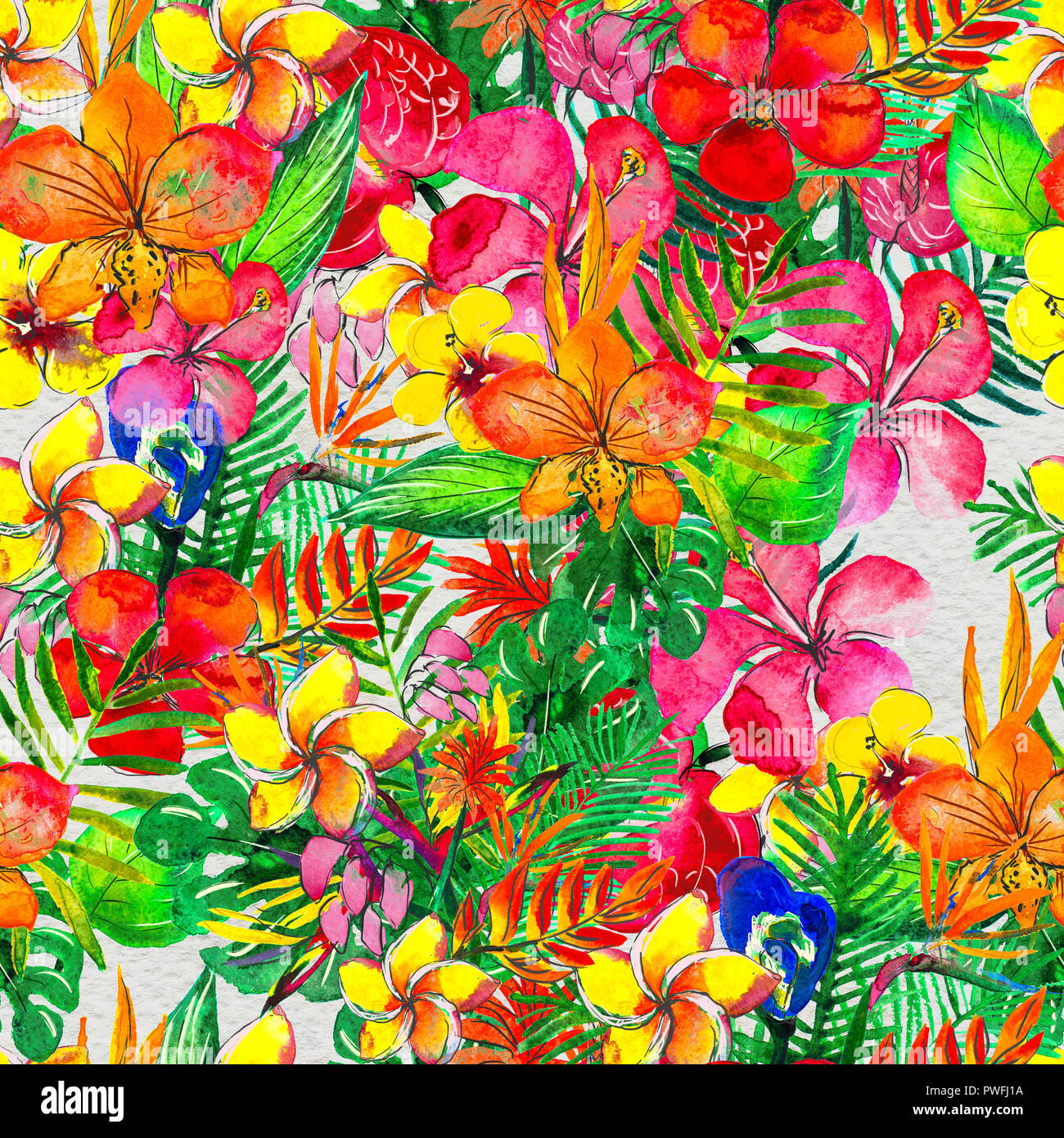 Seamless pattern With Tropical Flowers. Watercolor Background Stock ...