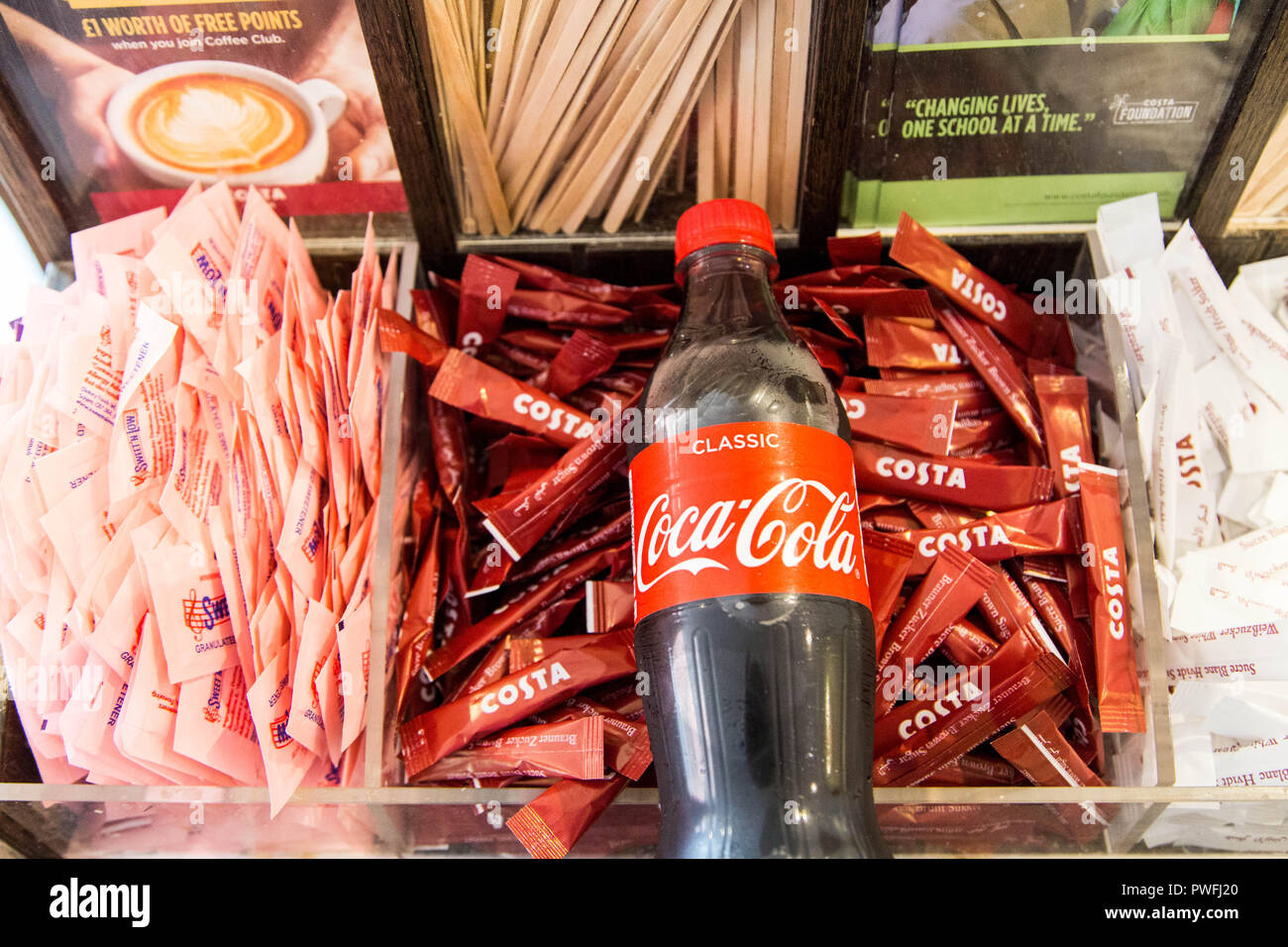 Coca cola bottle in Costa coffee shop editorial image. Stock Photo