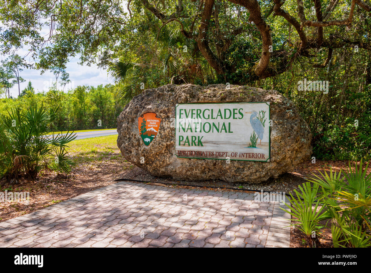 Entrance sign to Everglades National Park in Florida, USA. The Everglades is a natural region of tropical wetlands. Stock Photo