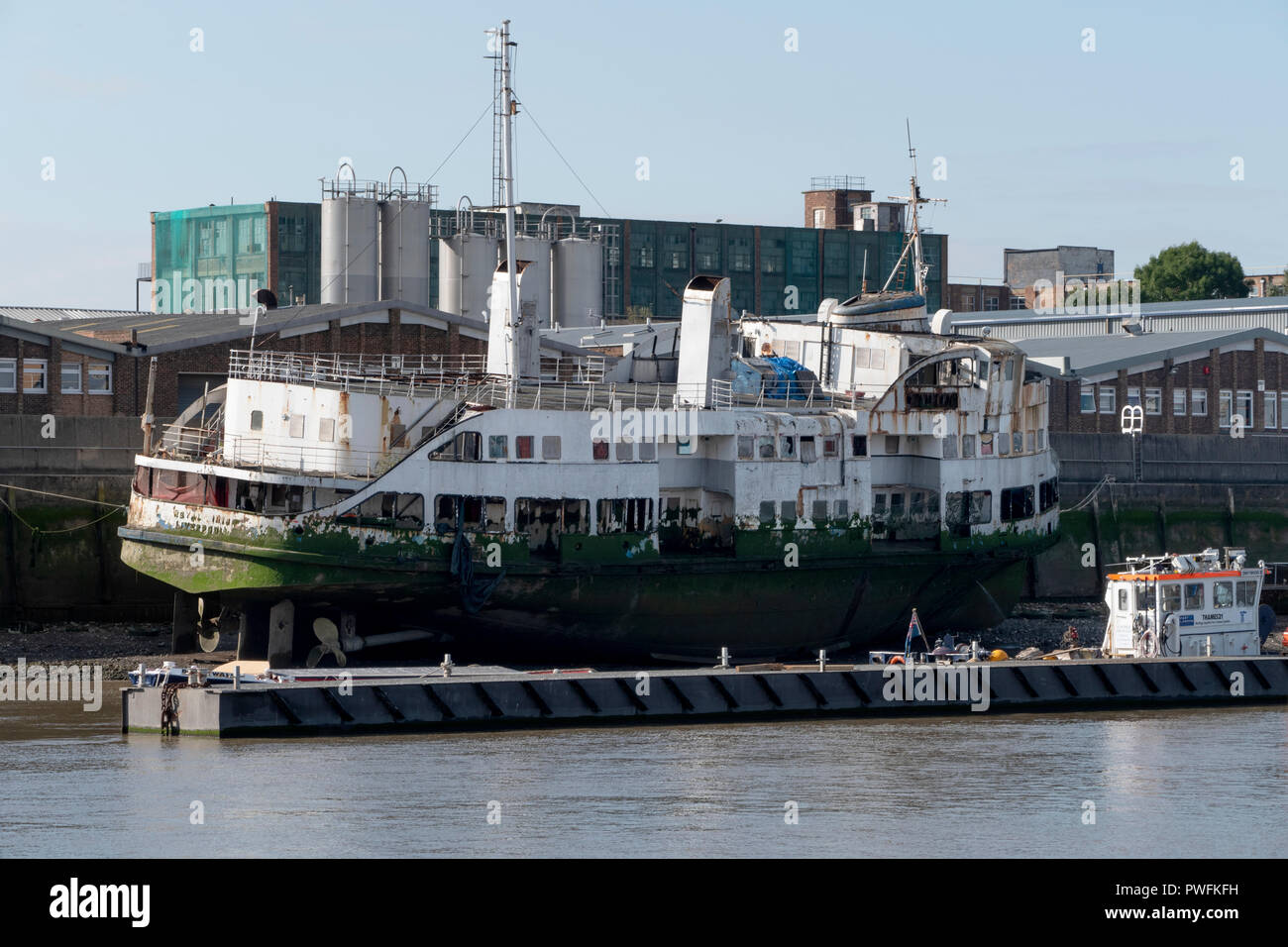 The Royal Iris ship. One of the Liverpool Mersey Ferries now docked on the River Thames, London. Plans are being made to convert it to a restaurant. Stock Photo
