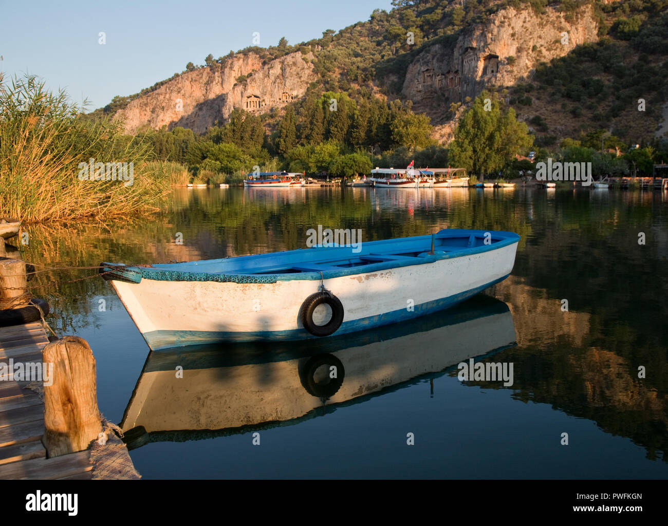 One of the many riverboats that take tourists from the town of Dalyan, Turkey to the beach a few miles away. The classic African Queen was filmed ther Stock Photo