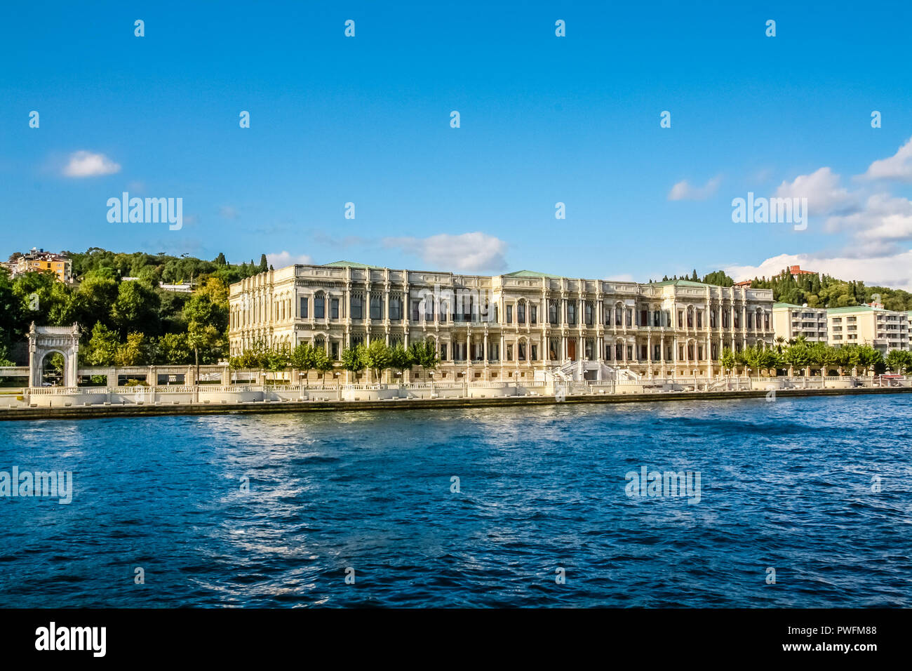 Çırağan Palace Kempinsk is an Ottoman Imperial Palace and Hotel on the Bosphorus, Istanbul. Stock Photo