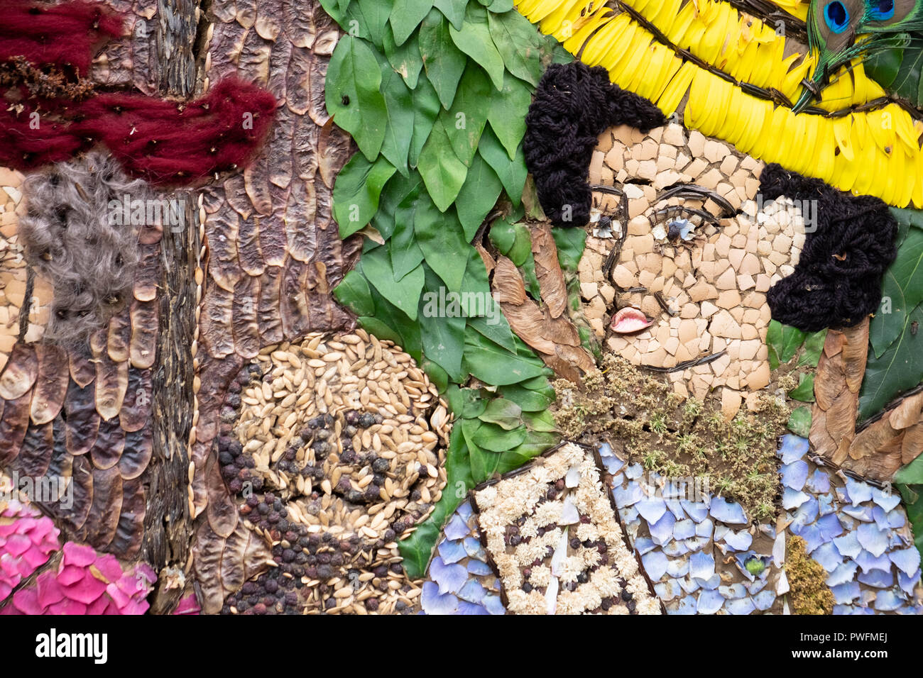 Well dressing in the Peak District, detail of 2018 Bamford well dressing Stock Photo