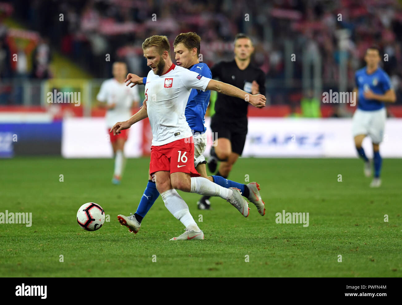 CHORZOW, POLAND - OCTOBER 14, 2018: UEFA Nations League Poland and Italy o/p: Jakub Blaszczykowski (Poland) Nicolo Barella (Italy) Stock Photo