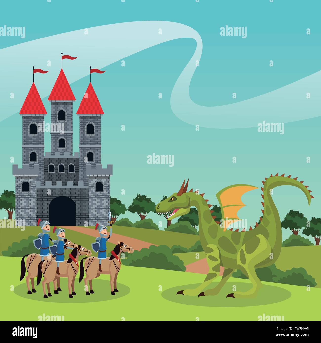 Kingdom medieval warriors fighting with dragon vector illustration ...
