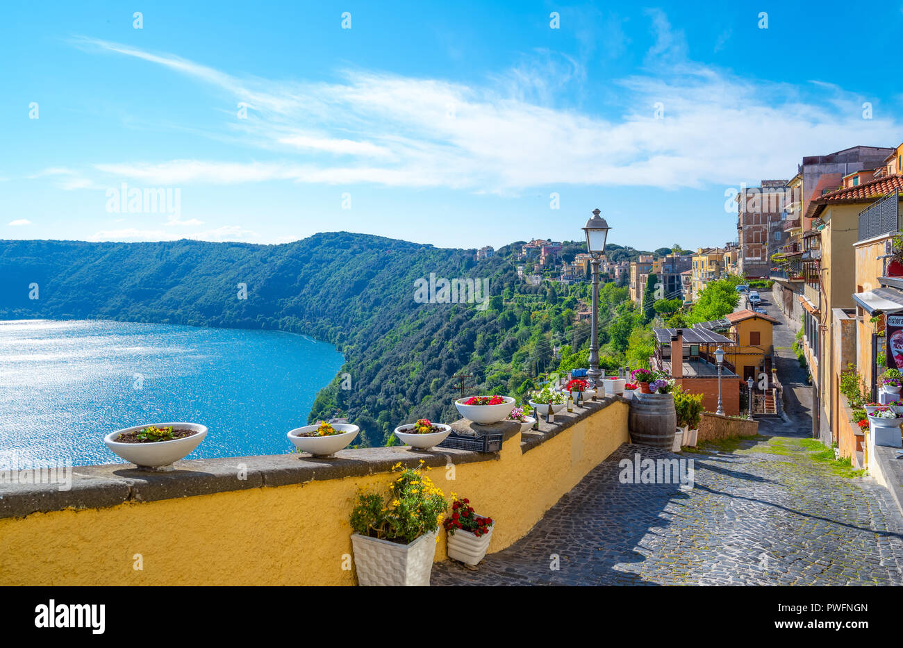 Castelgandolfo, Italy - April 21, 2017: Panoramic view of the village overlooking the volcanic Albano lake Stock Photo
