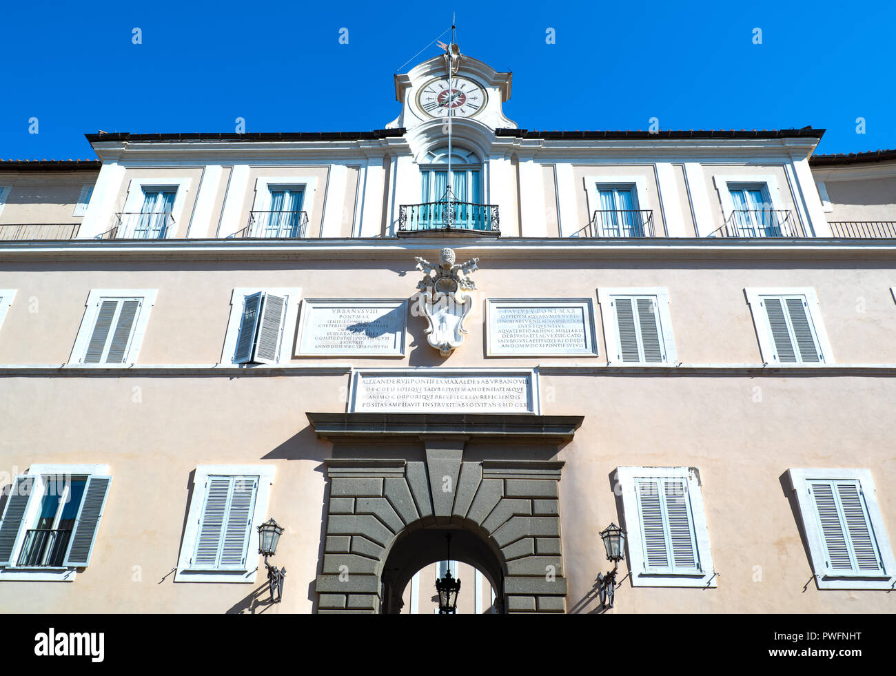 Castelgandolfo, Italy - April 21, 2017: The main facade of the Apostolic palace, summer residence of the Popes Stock Photo