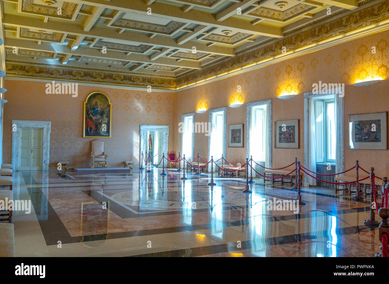 Castelgandolfo, Italy - April 21, 2017: The  throne  hall of he Apostolic palace, summer residence of the Popes Stock Photo