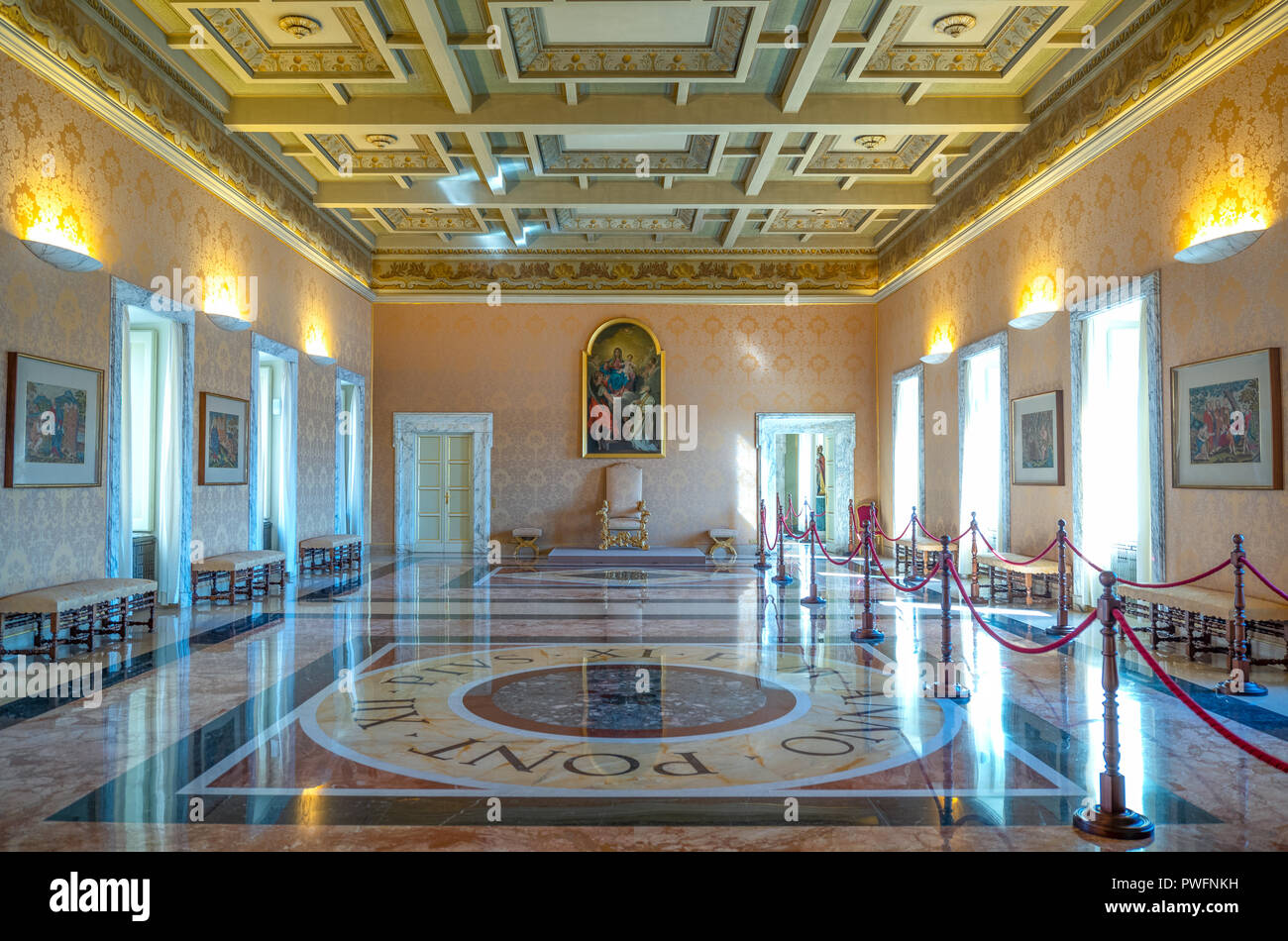 Castelgandolfo, Italy - April 21, 2017: The  throne  hall of he Apostolic palace, summer residence of the Popes Stock Photo