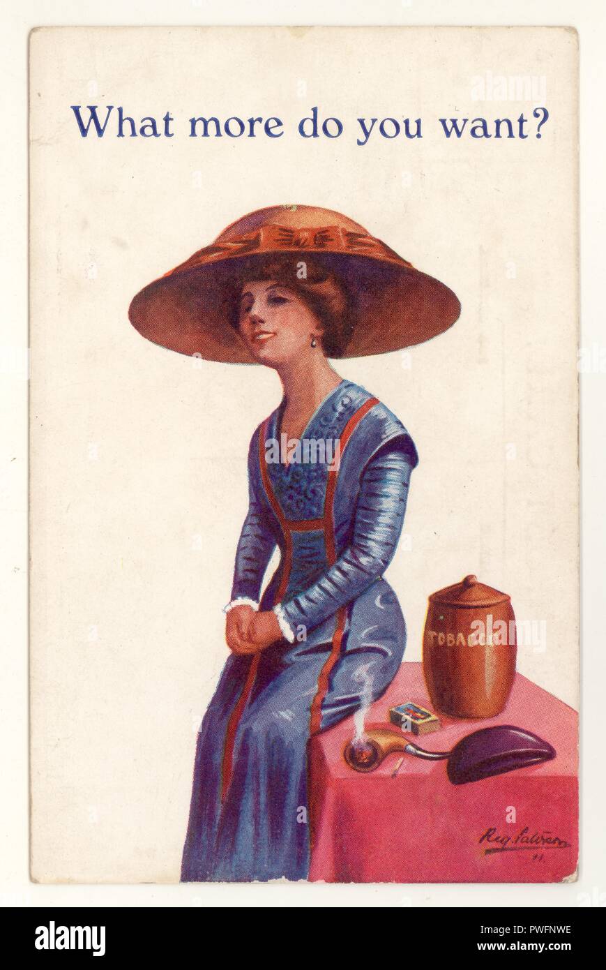 Comic Edwardian anti-suffragette postcard depicting a woman smokinga pipe printed in London, U.K. circa 1912 Stock Photo