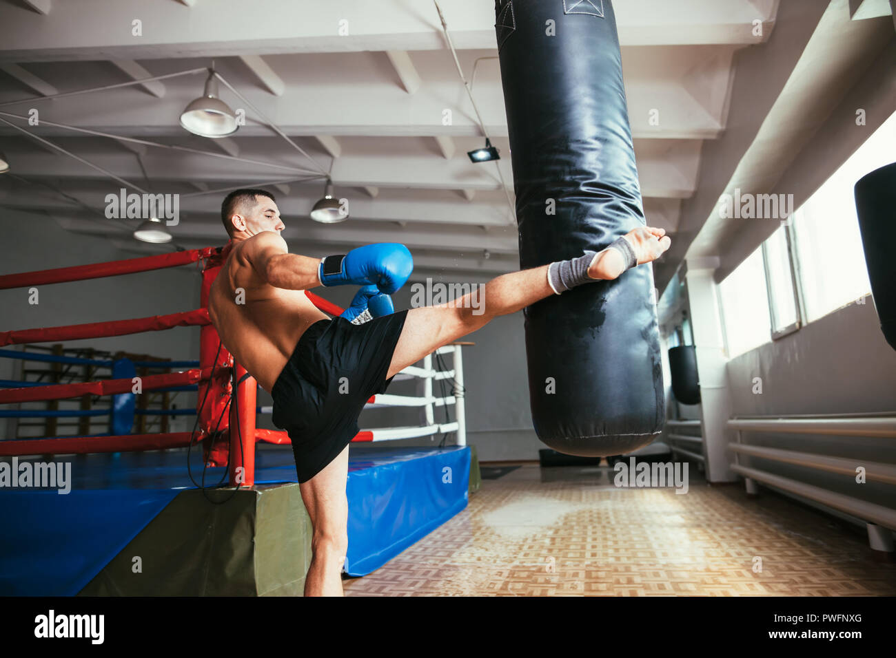 Male boxer workout high kick on the punching bag in gym. Sport concept Stock Photo