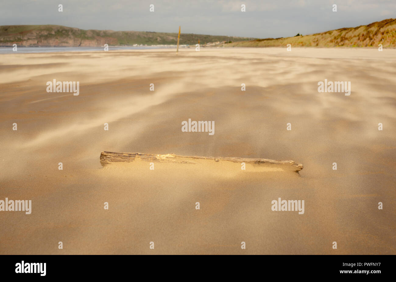 Strong winds blowing sand into drifts on the wide sandy beach Brean Sands, Brean, Somerset, UK Stock Photo