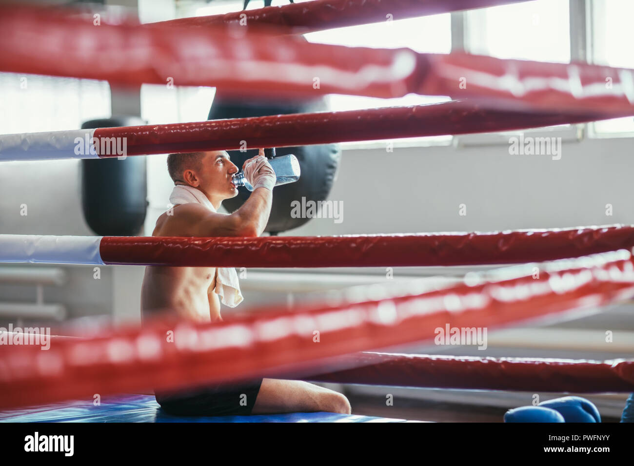 Male boxer drinking water after fight or workout exercising in boxing
