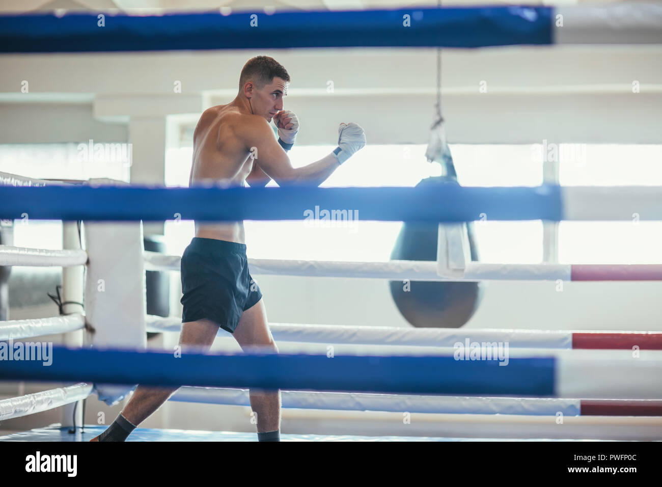 Male boxer fighting at the ring. Sport concept Stock Photo