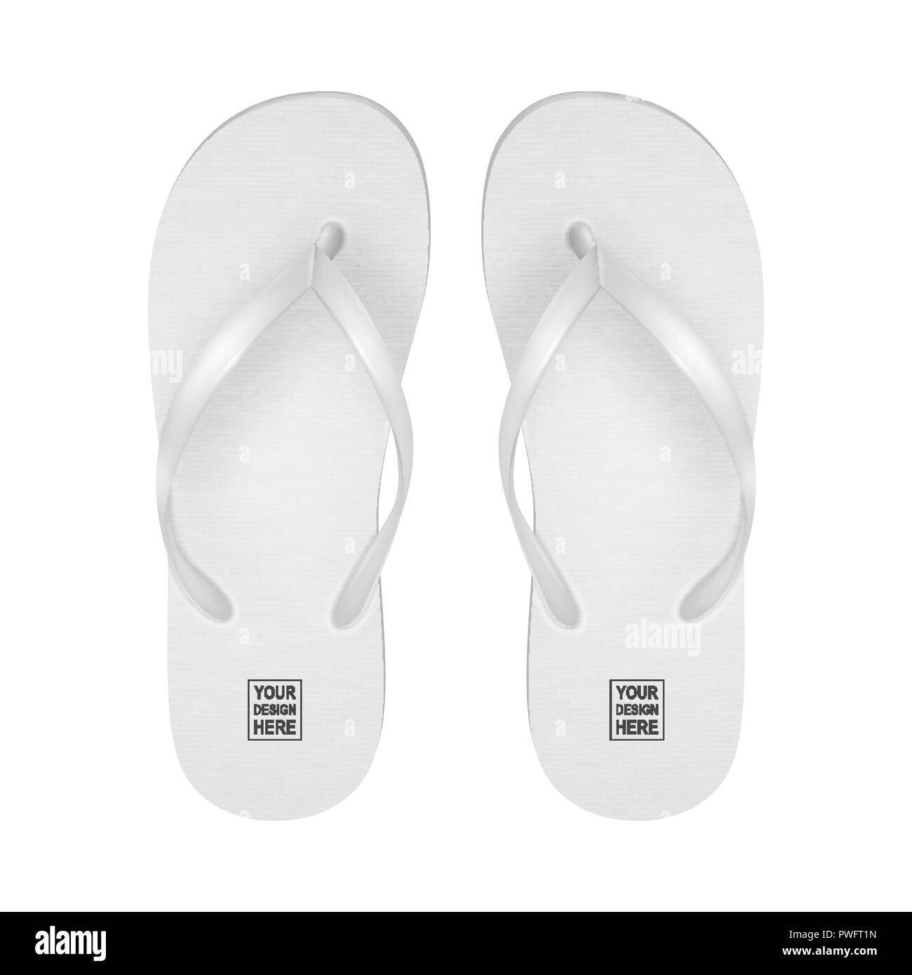 Vector Realistic 3d White Blank Empty Flip Flop Set Closeup Isolated on White Background. Design Template of Summer Beach Holiday Flip Flops Pair For Advertise, Logo Print, Mockup. Front View Stock Vector