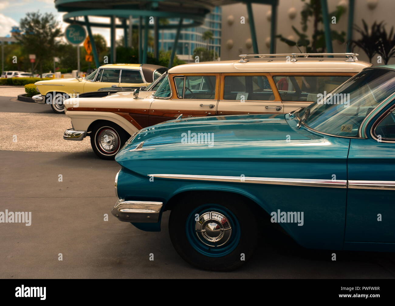 Orlando, Florida; August 19, 2018 Classic cars in a row at Universal