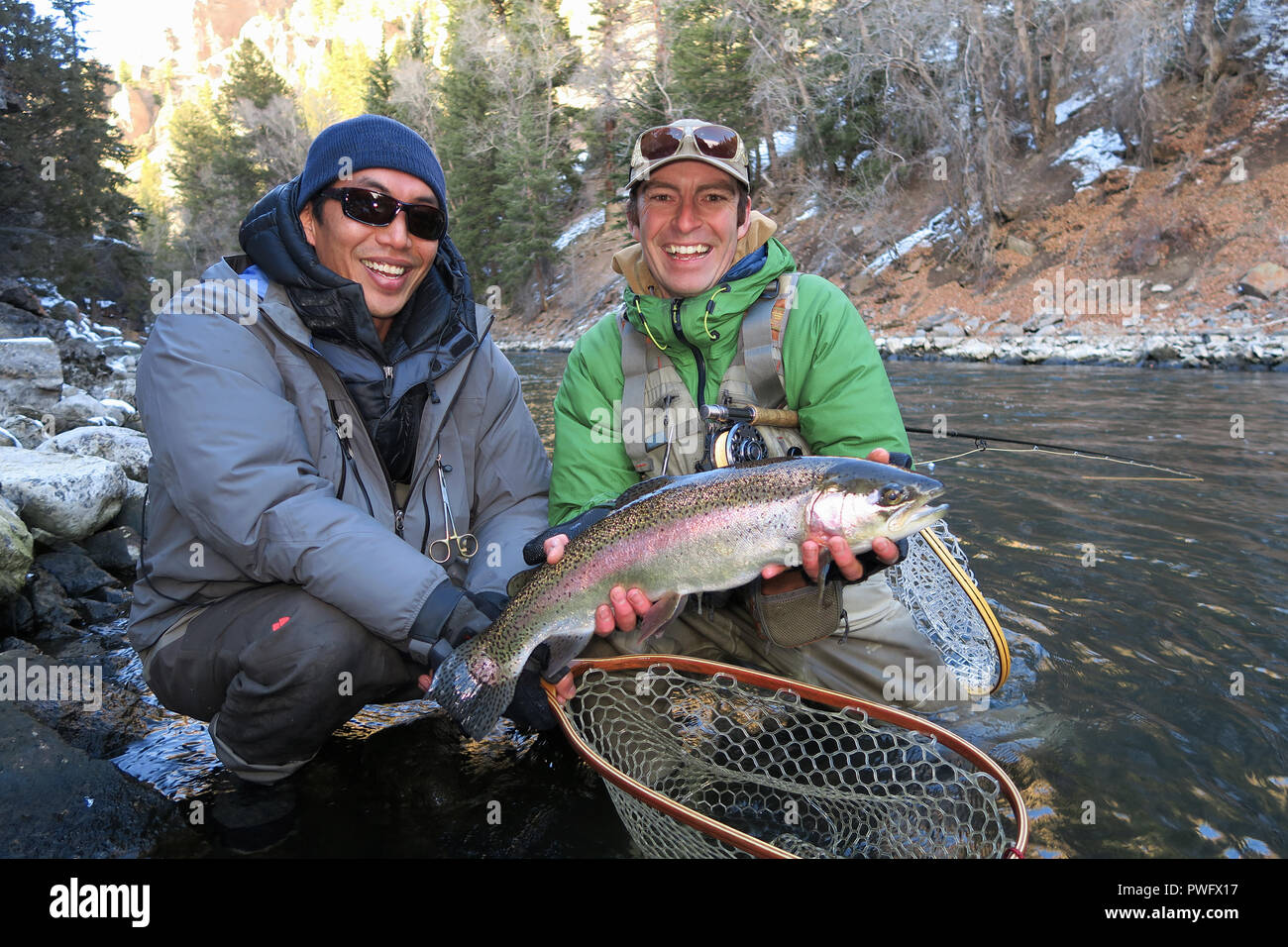 Fly fishing for trout on the North Platte River in Wyoming, USA Stock