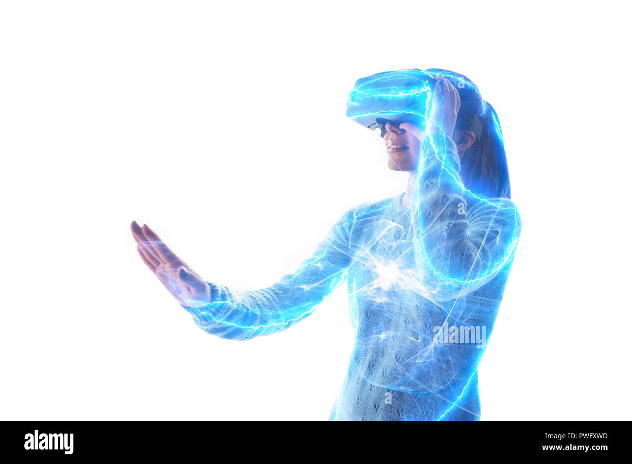 Woman with glasses of virtual reality. Future technology concept. Modern imaging technology. Stock Photo
