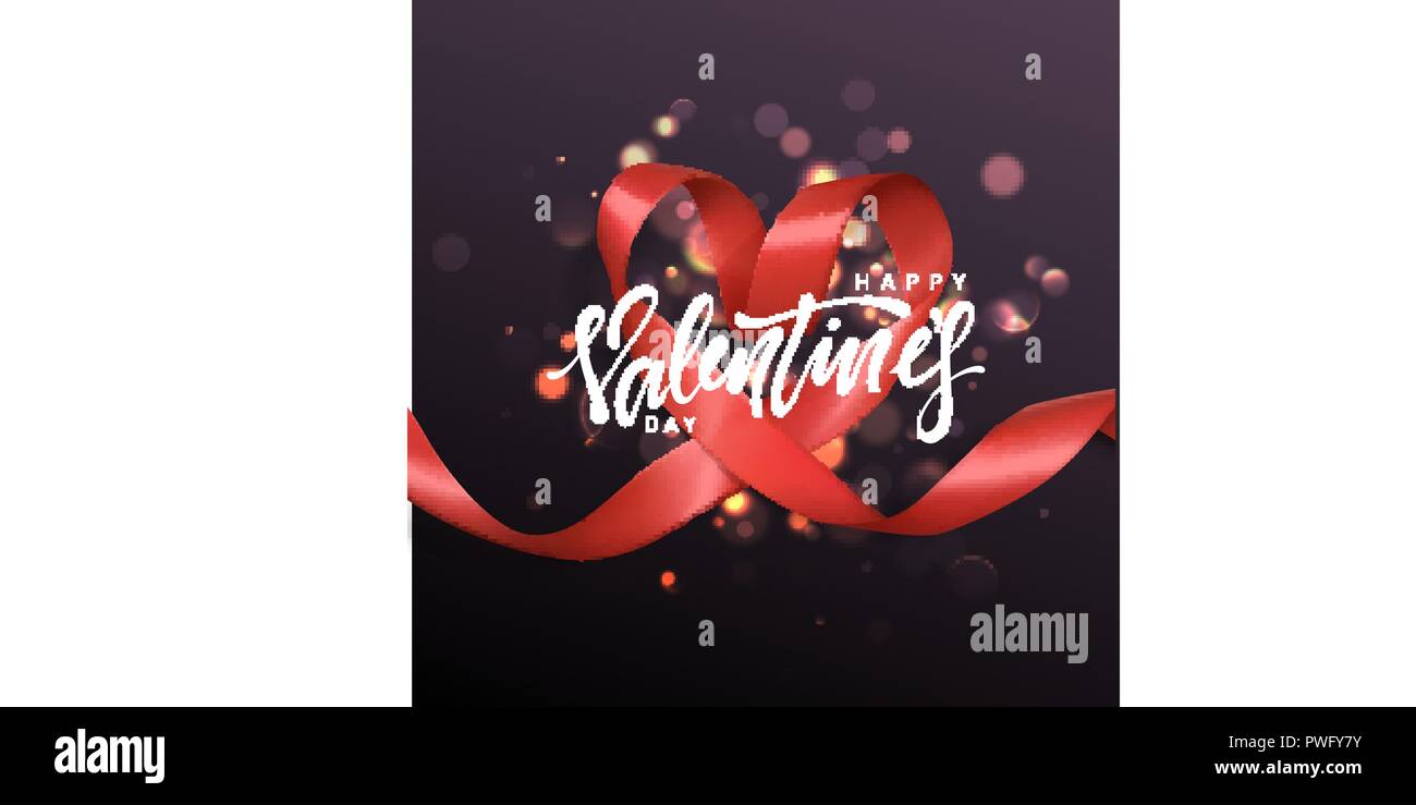 Happy Valentines Day lettering greeting card on red ribbon heart ...