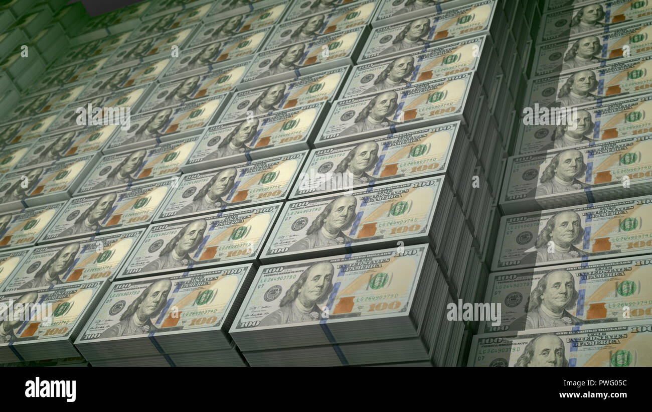 An inspiring 3d illustration of 100 dollar bills stockpiled in bundles ...