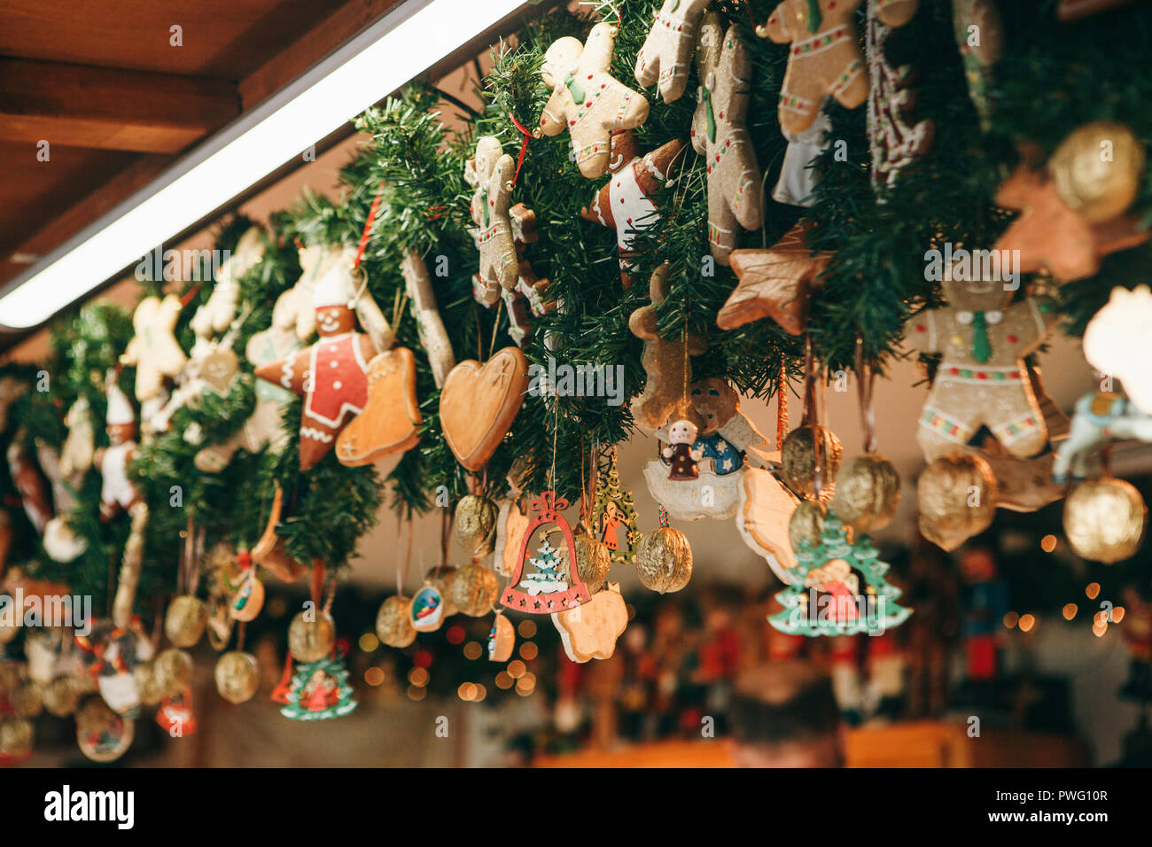 Christmas decorations. Various gingerbreads and other decorations on a Christmas decorations. Various gingerbreads and other decorations on a