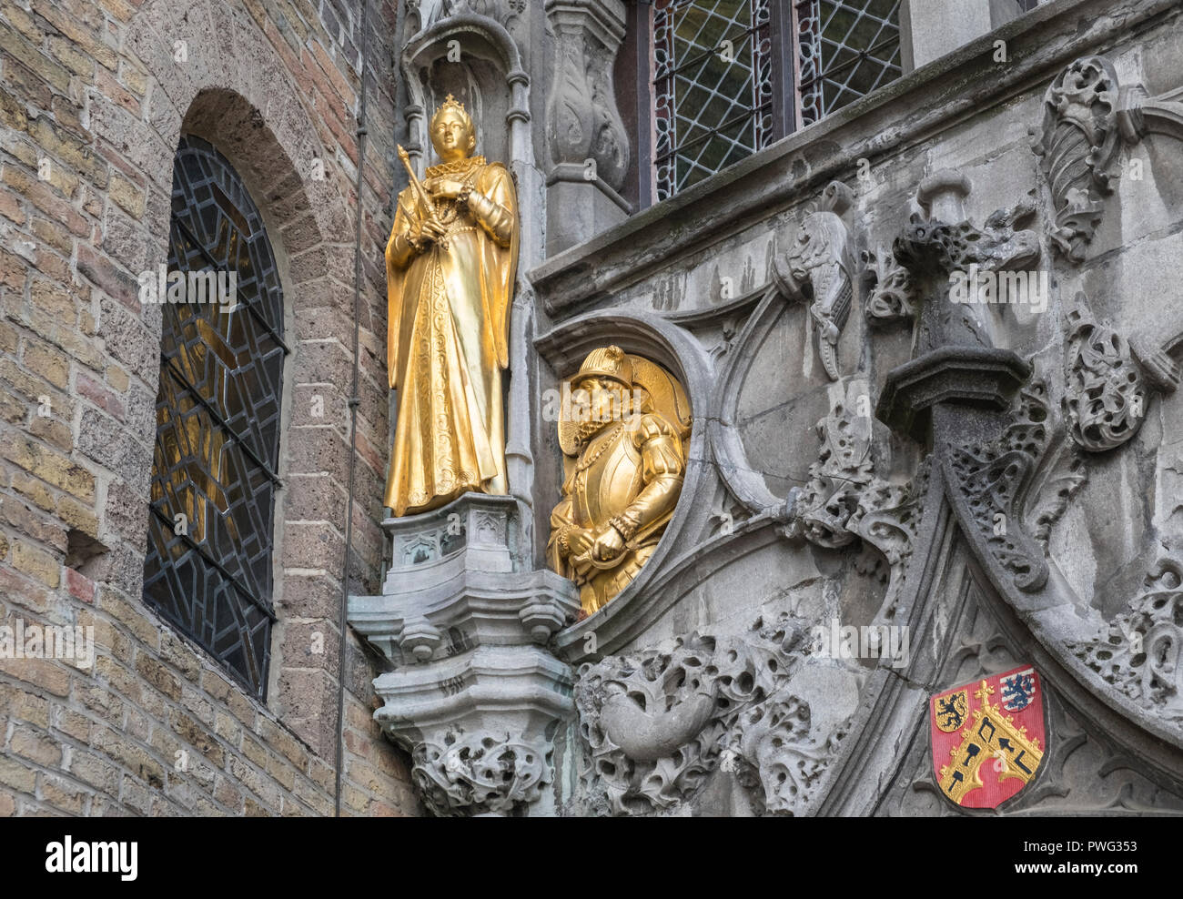 Exterior architectural details of the Basilica of the Holy Blood church, Markt, Bruges, Belgium Stock Photo