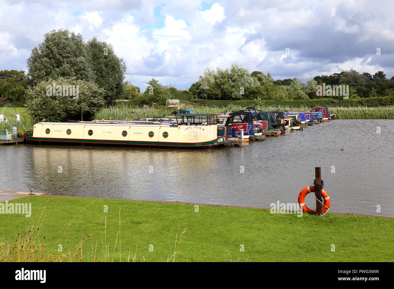 Rufford Marina, Lancashire. Canal Narrowboats are tied up at their moorings. Stock Photo