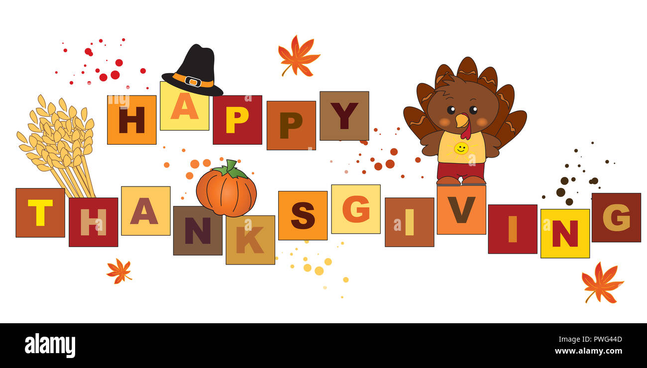 Illustration of written happy thanksgiving with turkey , pumpkins and ...