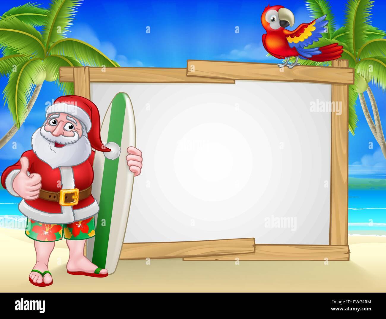 Santa Claus Surf Beach Christmas Cartoon Sign Stock Vector