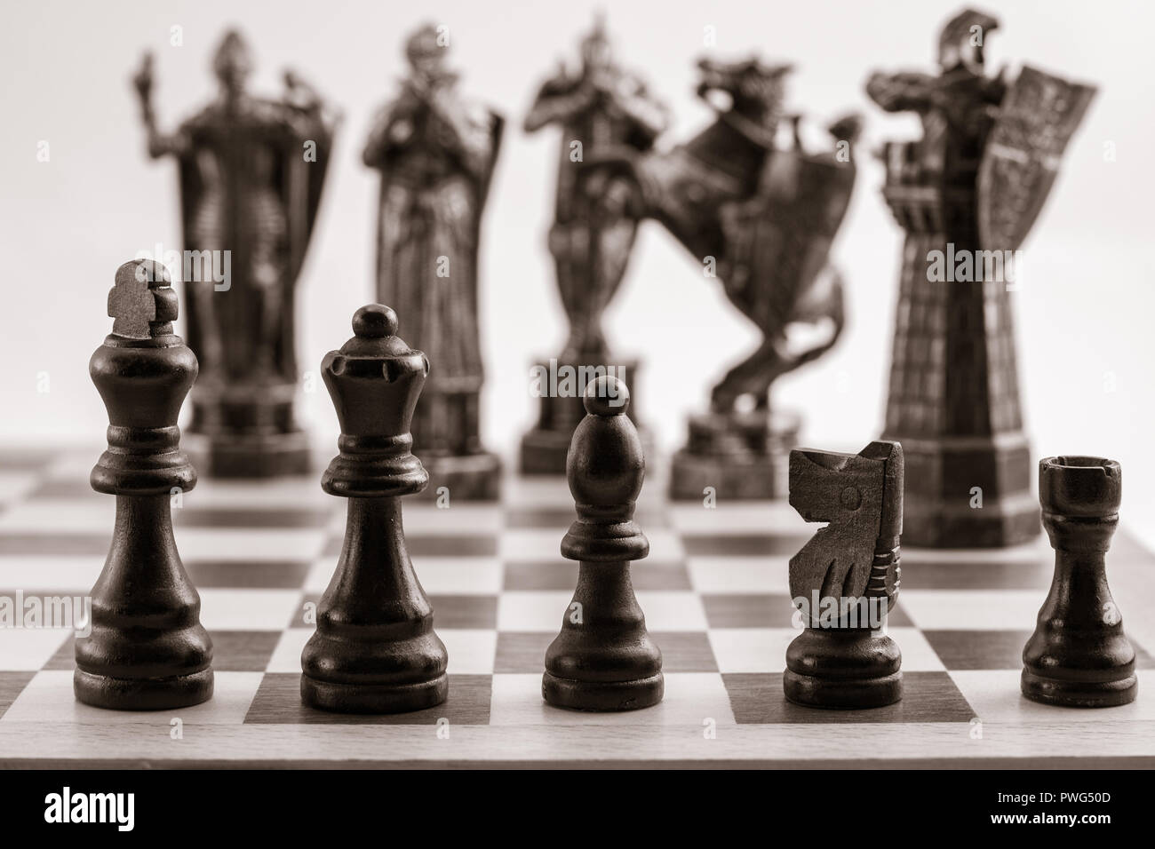 Chess Board with King, Queen and Rook in Checkmate Stock Photo - Alamy