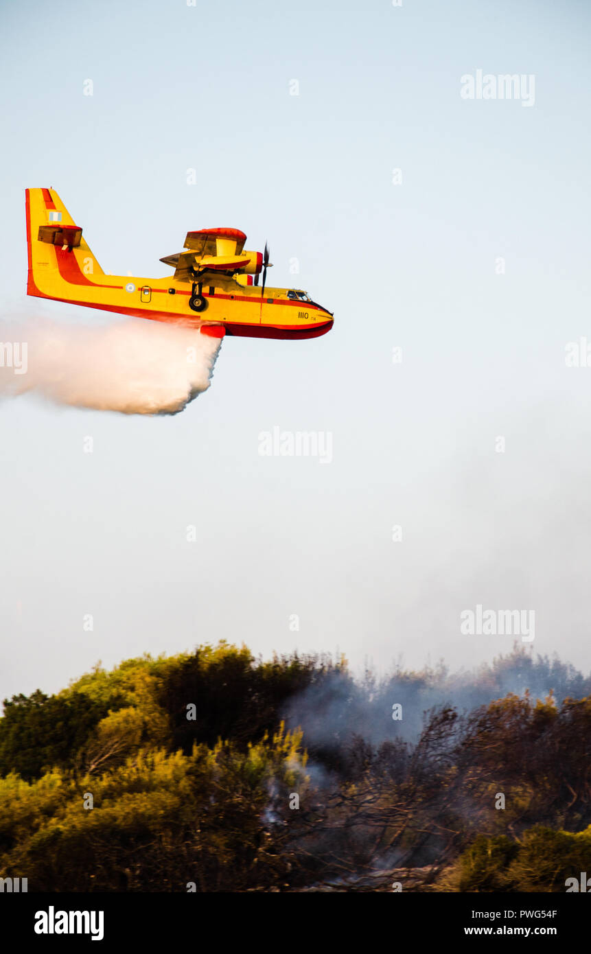 firefighting aircraft, canadair in action, throwing water into the fire in the natura forest Stock Photo